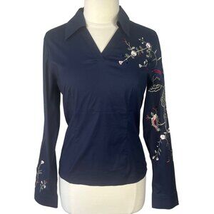 Antilia Womens Blouse Shirt Blue Embroidery Floral Size Medium New